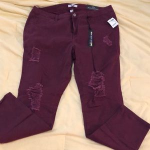 Burgundy Distressed Jeggings